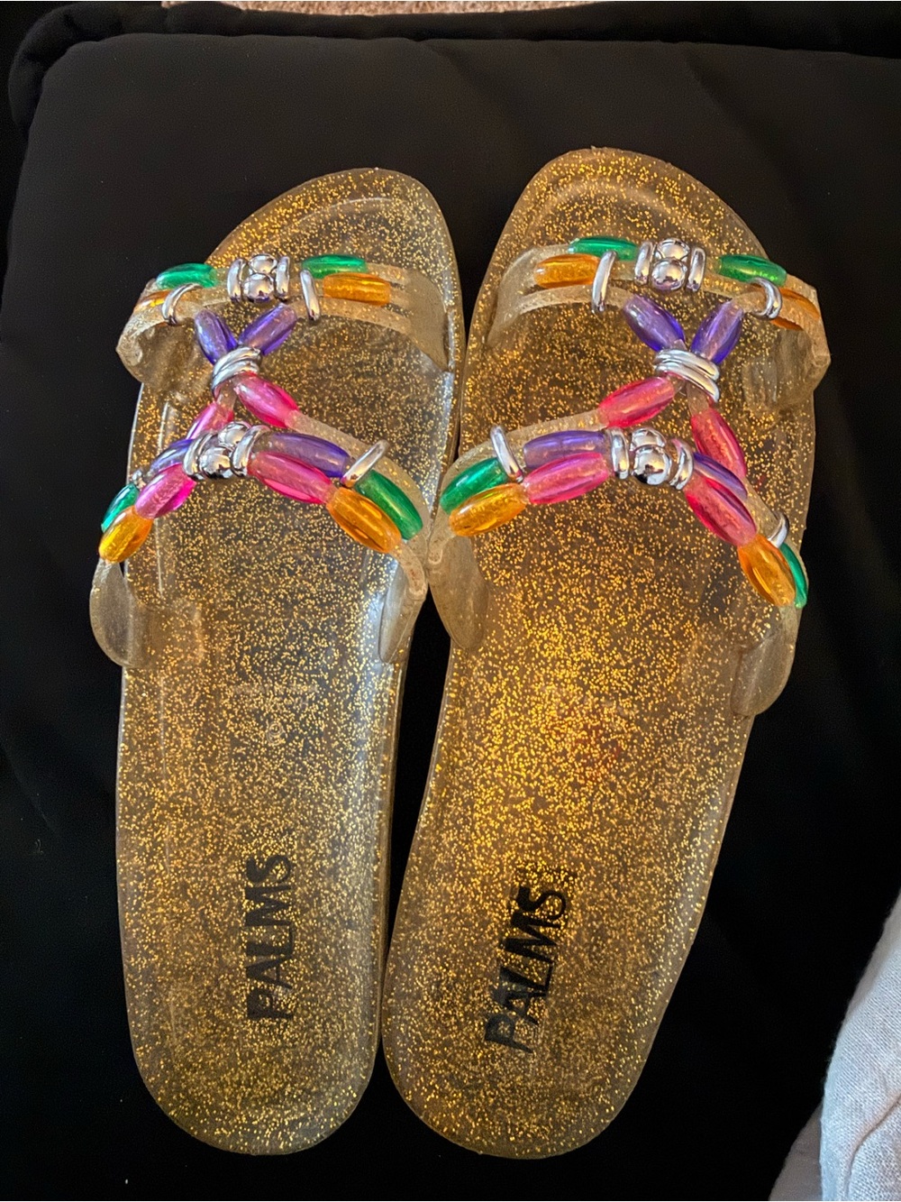 Palms Glitter Jelly Slide Sandals with Multicolor Beaded Straps - Gold